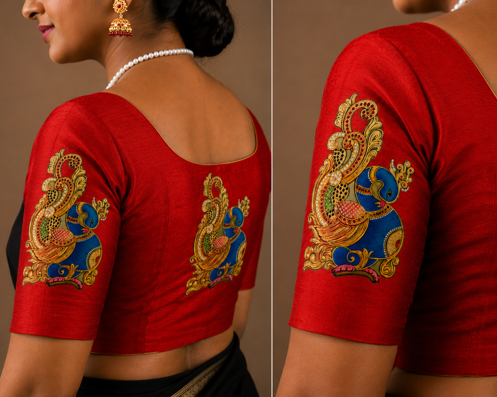 Tanjore Painting Inspired DTF Printed Raw Silk Blouse Fabric – Unstitched