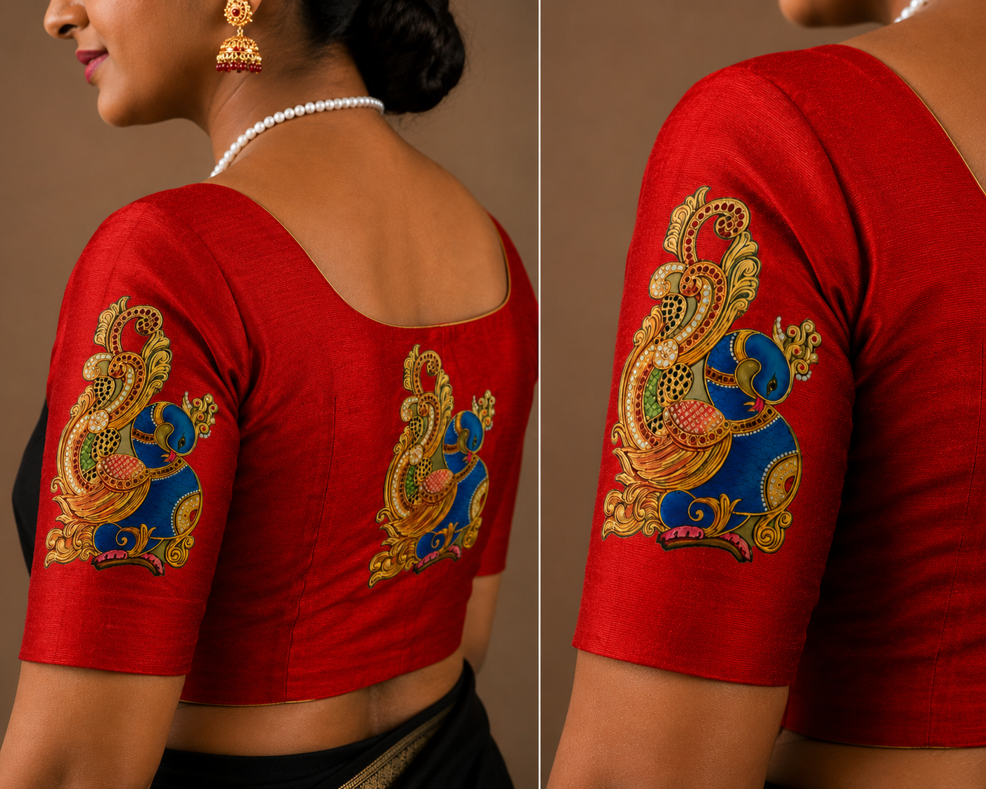Tanjore Painting Inspired DTF Printed Raw Silk Blouse Fabric – Unstitched