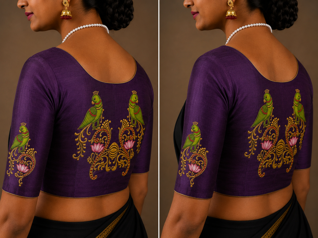 Tanjore Painting Inspired DTF Printed Raw Silk Blouse Fabric – Unstitched