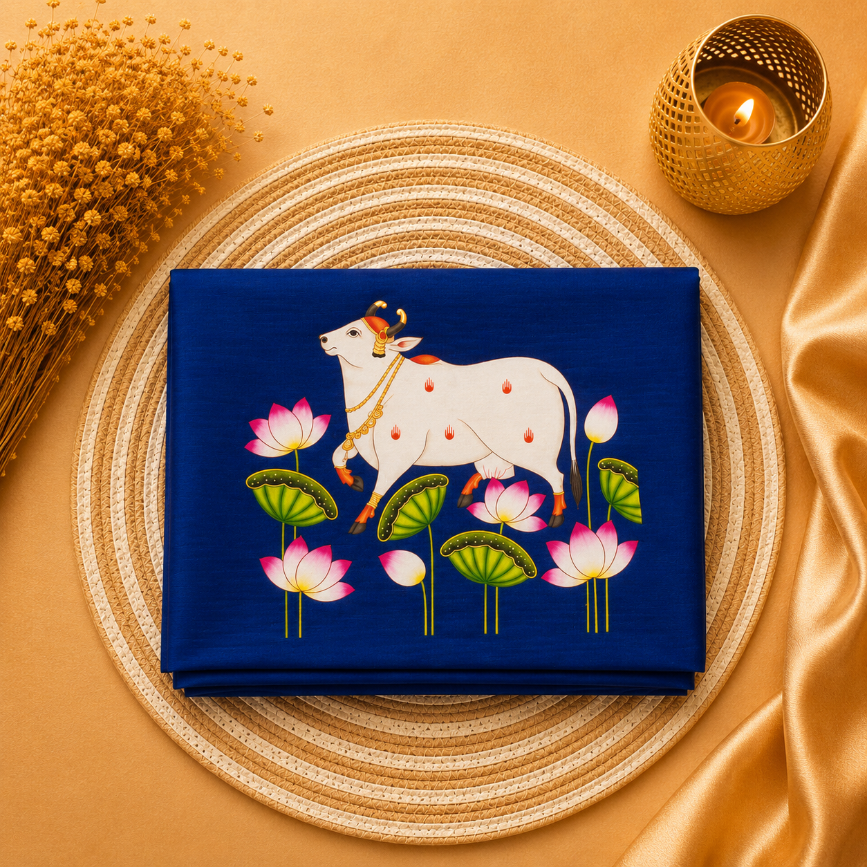 Tanjore Painting Inspired DTF Printed Raw Silk Blouse Fabric – Unstitched