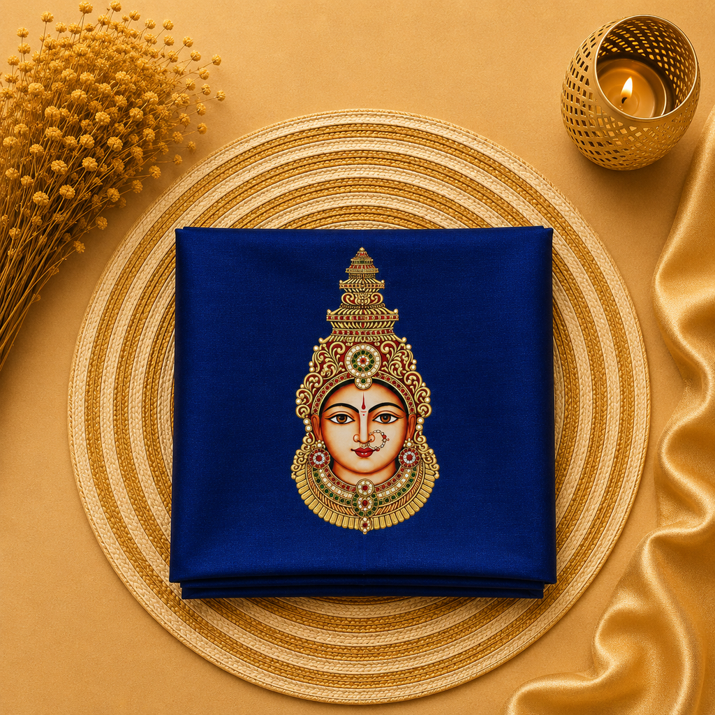 Tanjore Painting Inspired DTF Printed Raw Silk Blouse Fabric – Unstitched