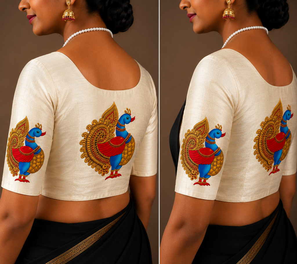 Tanjore Painting Inspired DTF Printed Raw Silk Blouse Fabric – Unstitched