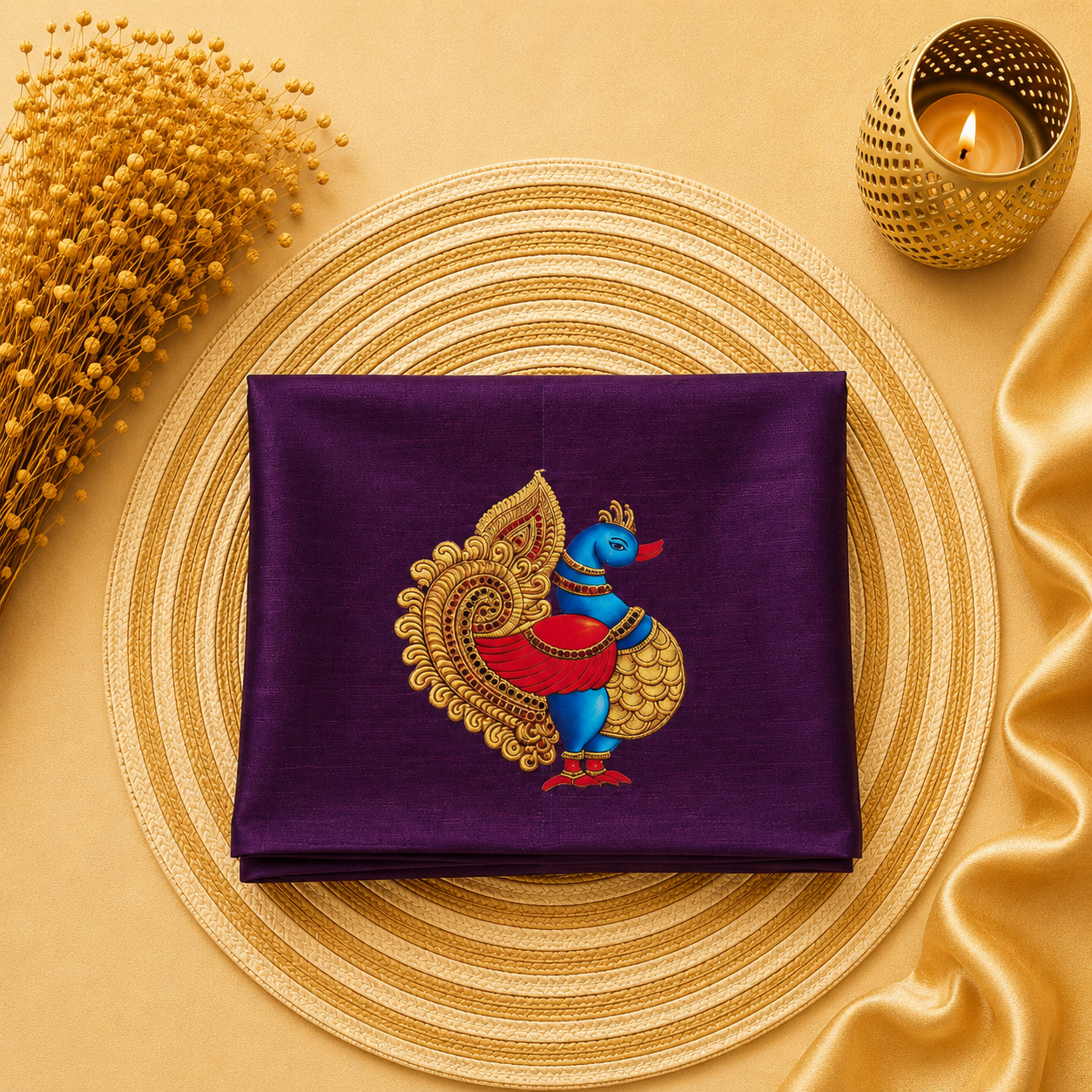 Tanjore Painting Inspired DTF Printed Raw Silk Blouse Fabric – Unstitched