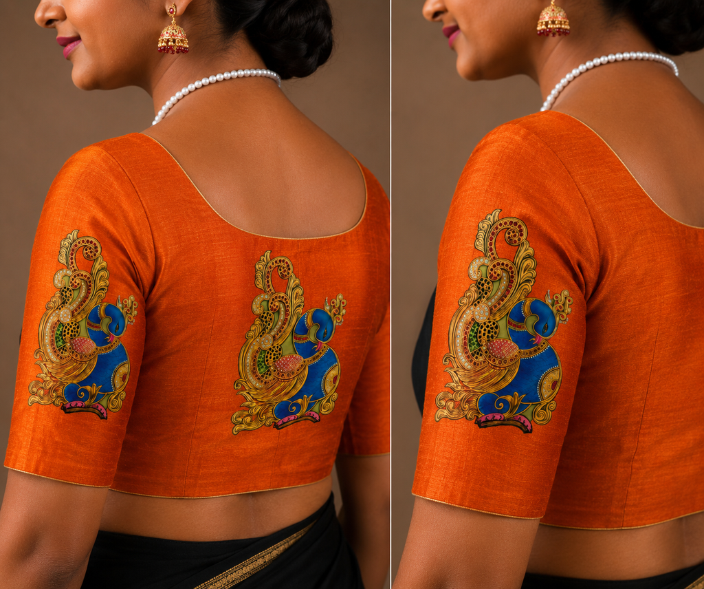 Tanjore Painting Inspired DTF Printed Raw Silk Blouse Fabric – Unstitched