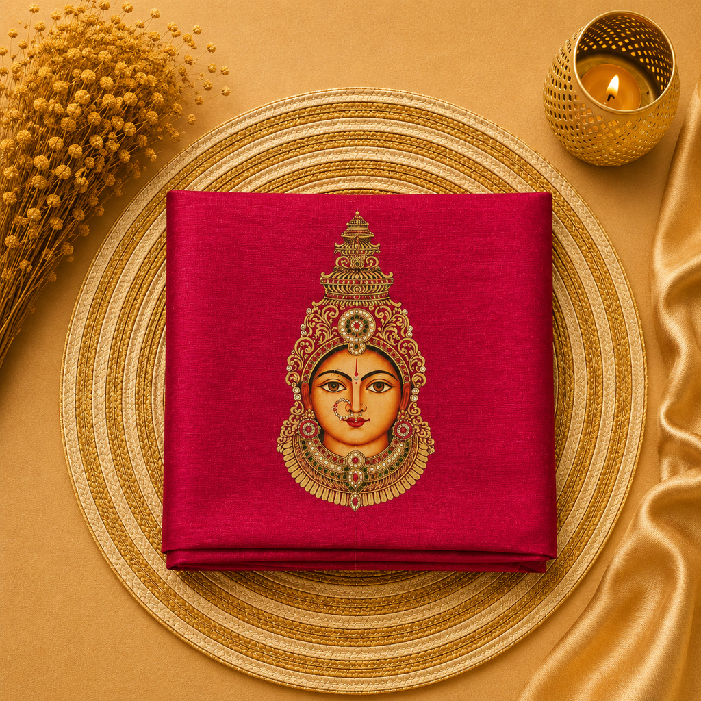 Tanjore Painting Inspired DTF Printed Raw Silk Blouse Fabric – Unstitched