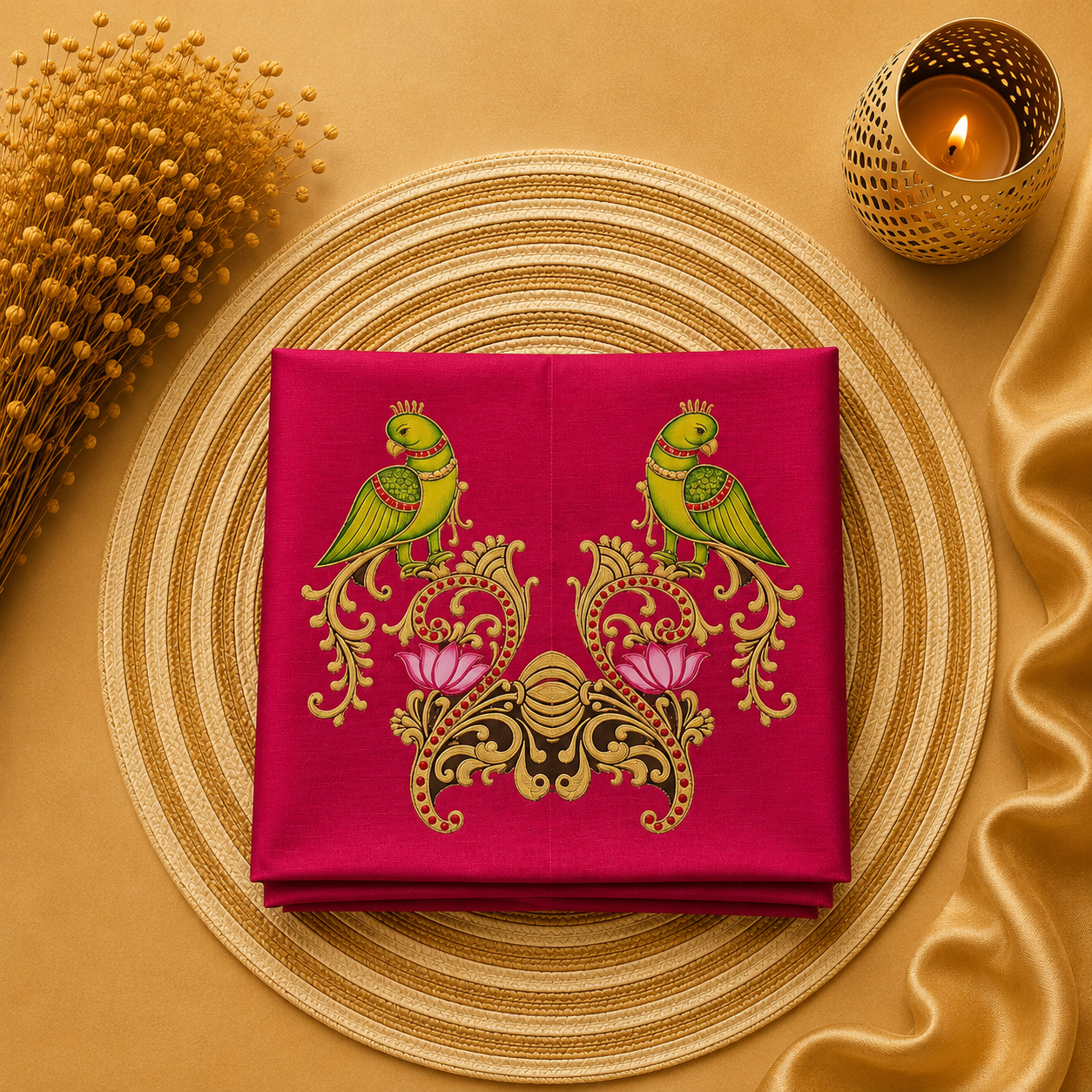Tanjore Painting Inspired DTF Printed Raw Silk Blouse Fabric – Unstitched