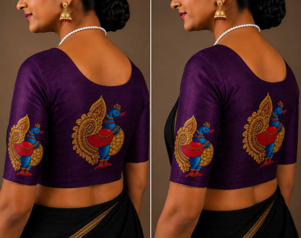 Tanjore Painting Inspired DTF Printed Raw Silk Blouse Fabric – Unstitched