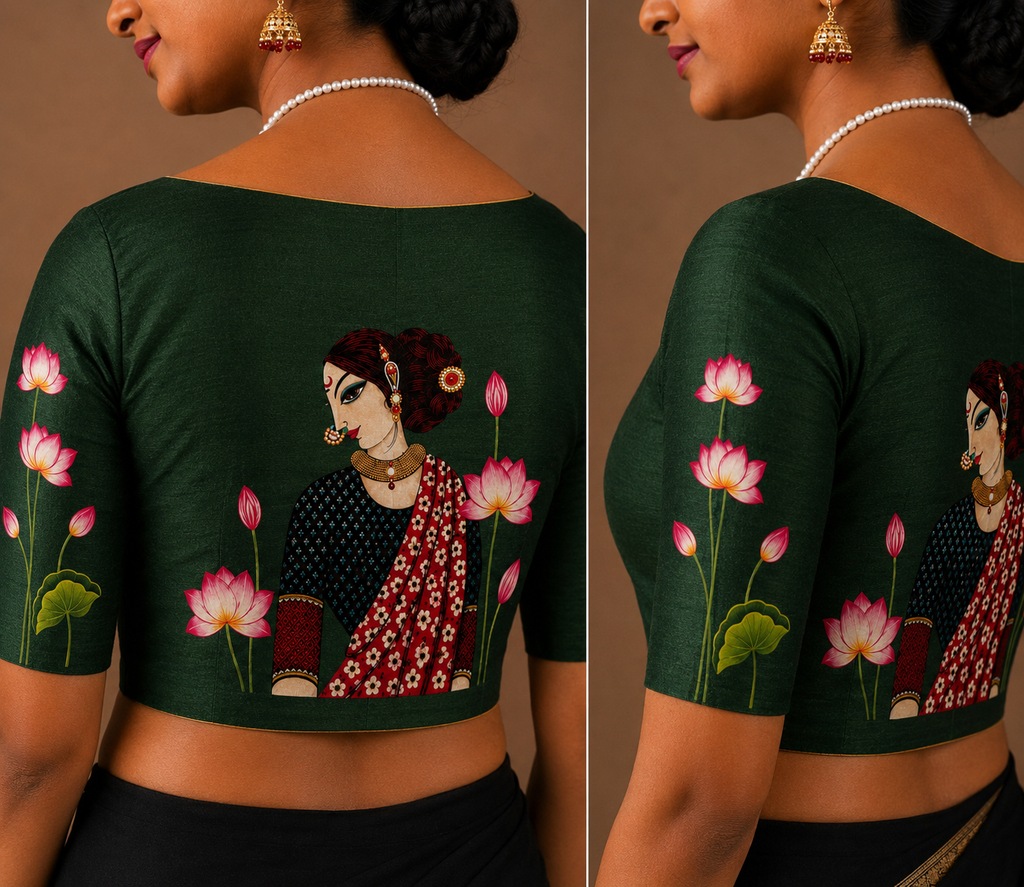 Tanjore Painting Inspired DTF Printed Raw Silk Blouse Fabric – Unstitched