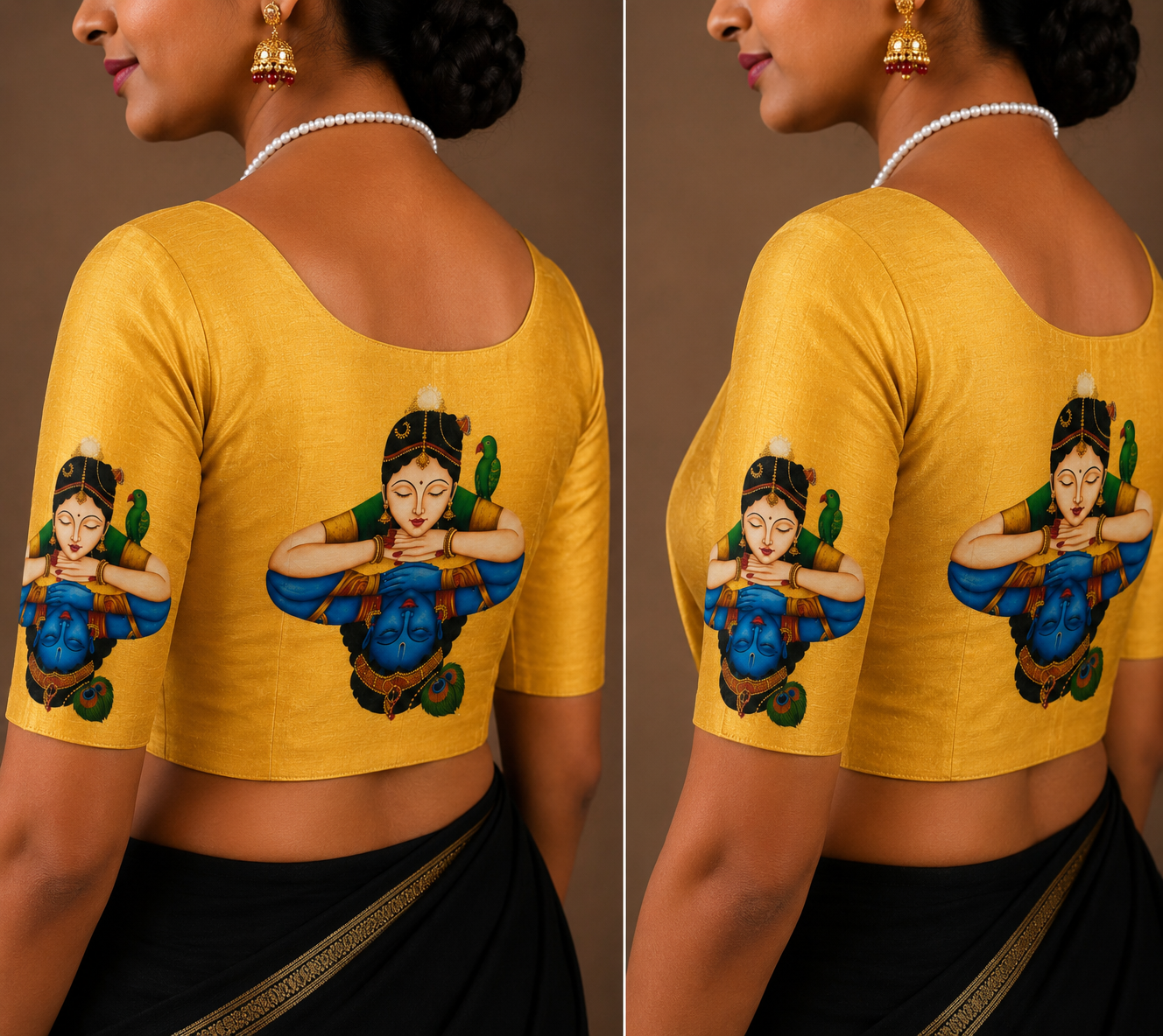 Tanjore Painting Inspired DTF Printed Raw Silk Blouse Fabric – Unstitched