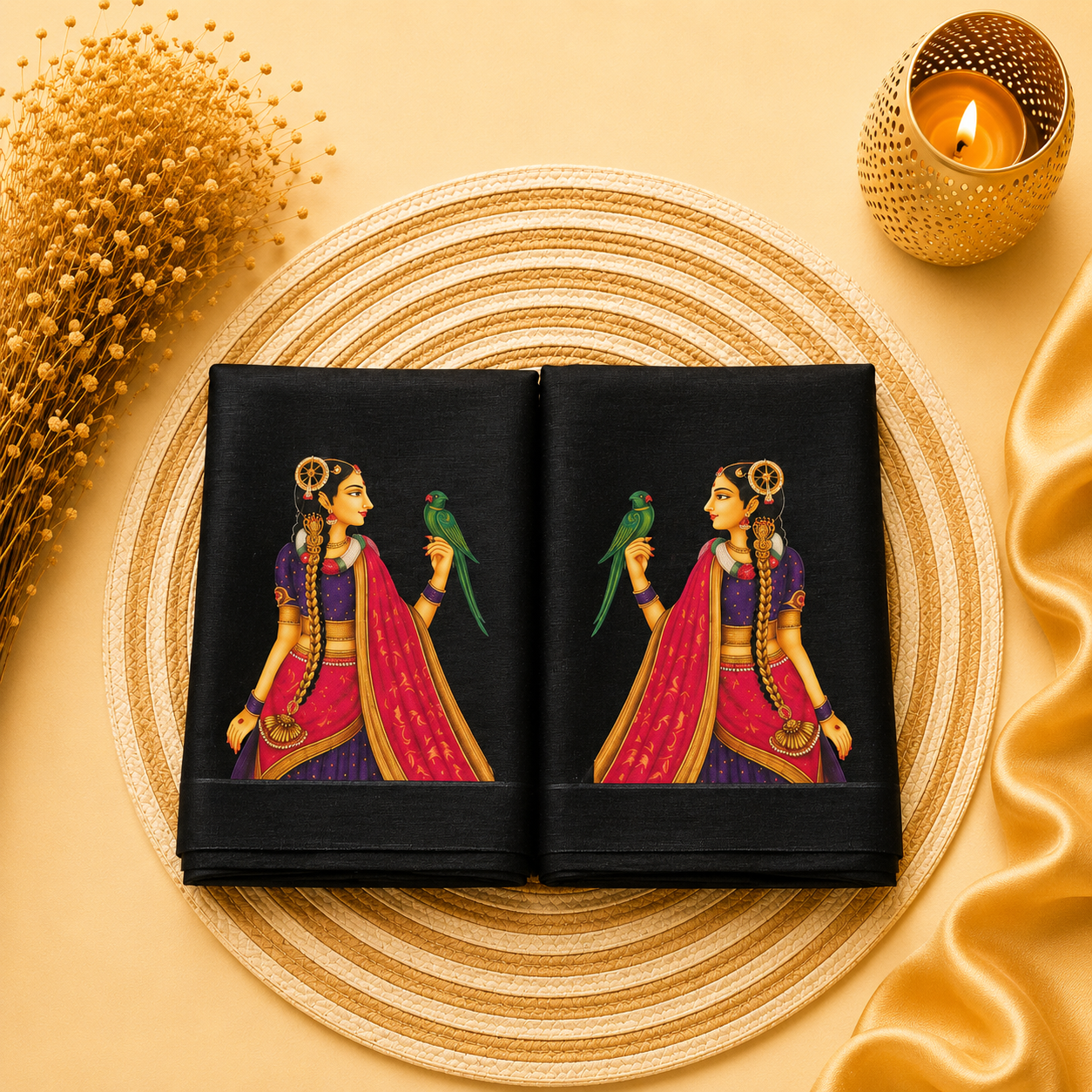 Tanjore Painting Inspired DTF Printed Raw Silk Blouse Fabric – Unstitched