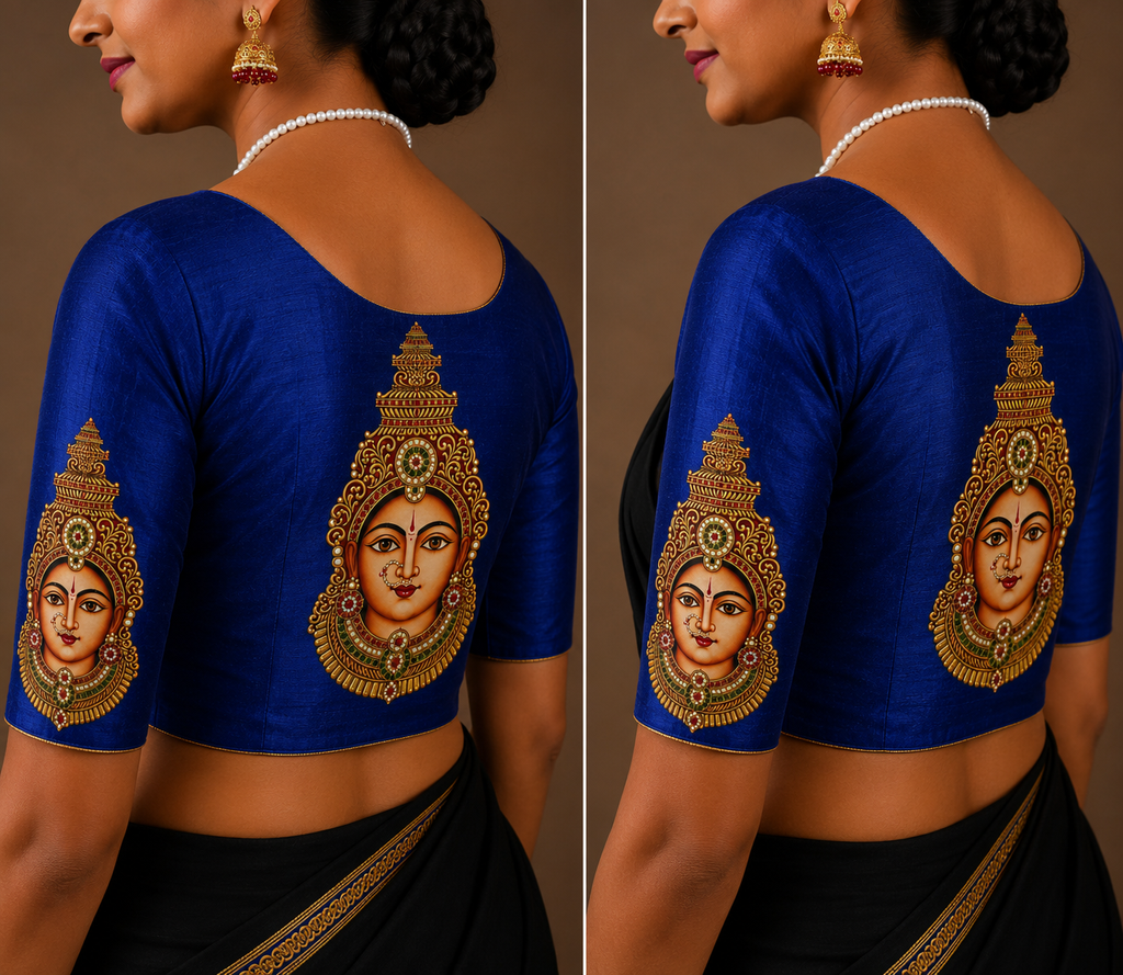Tanjore Painting Inspired DTF Printed Raw Silk Blouse Fabric – Unstitched