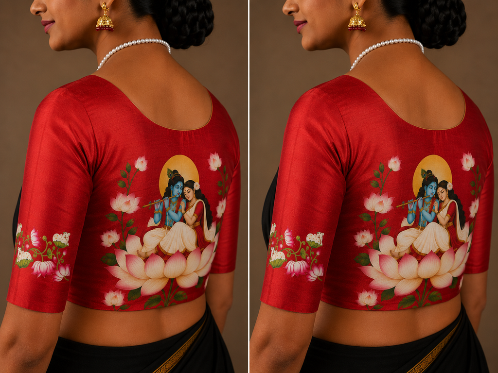 Tanjore Painting Inspired DTF Printed Raw Silk Blouse Fabric – Unstitched