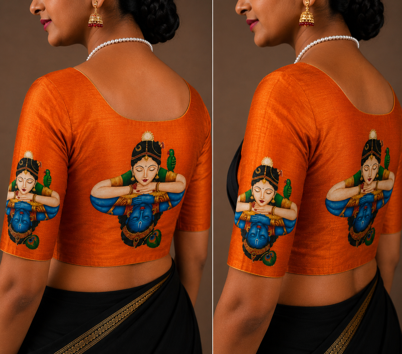 Tanjore Painting Inspired DTF Printed Raw Silk Blouse Fabric – Unstitched