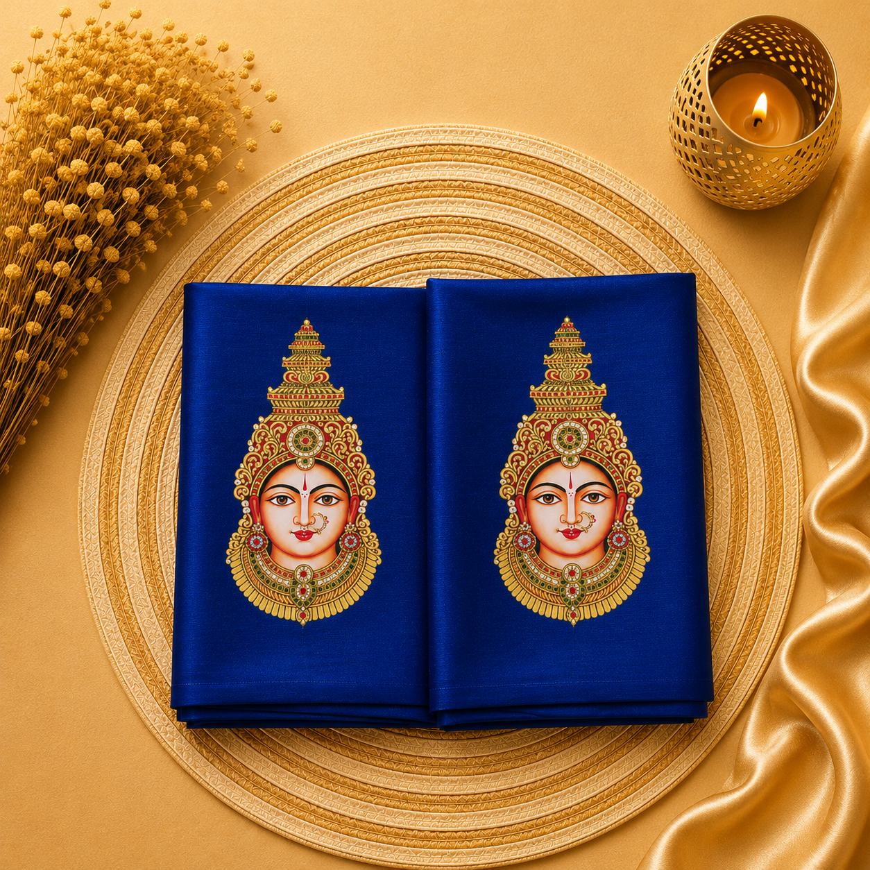 Tanjore Painting Inspired DTF Printed Raw Silk Blouse Fabric – Unstitched
