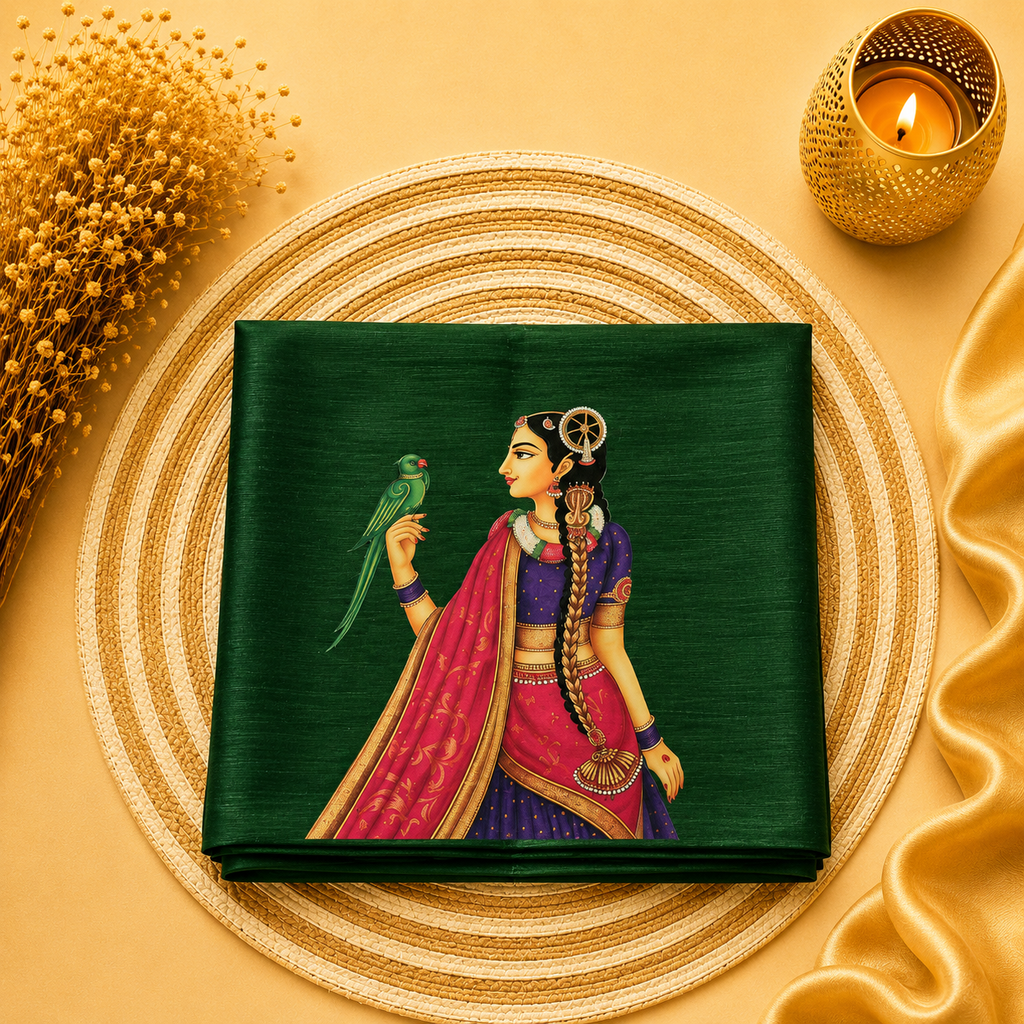 Tanjore Painting Inspired DTF Printed Raw Silk Blouse Fabric – Unstitched
