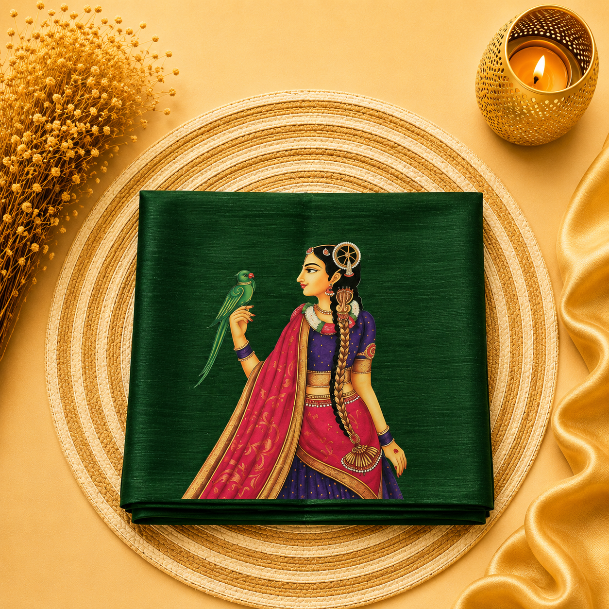 Tanjore Painting Inspired DTF Printed Raw Silk Blouse Fabric – Unstitched