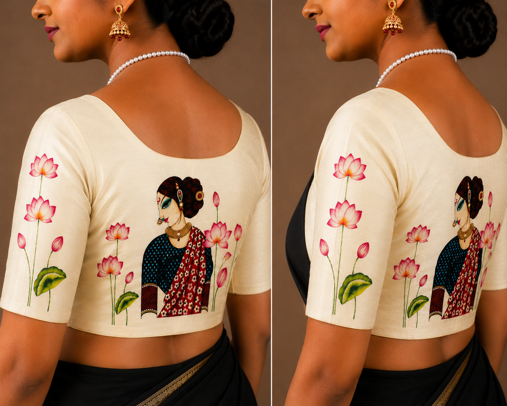 Tanjore Painting Inspired DTF Printed Raw Silk Blouse Fabric – Unstitched