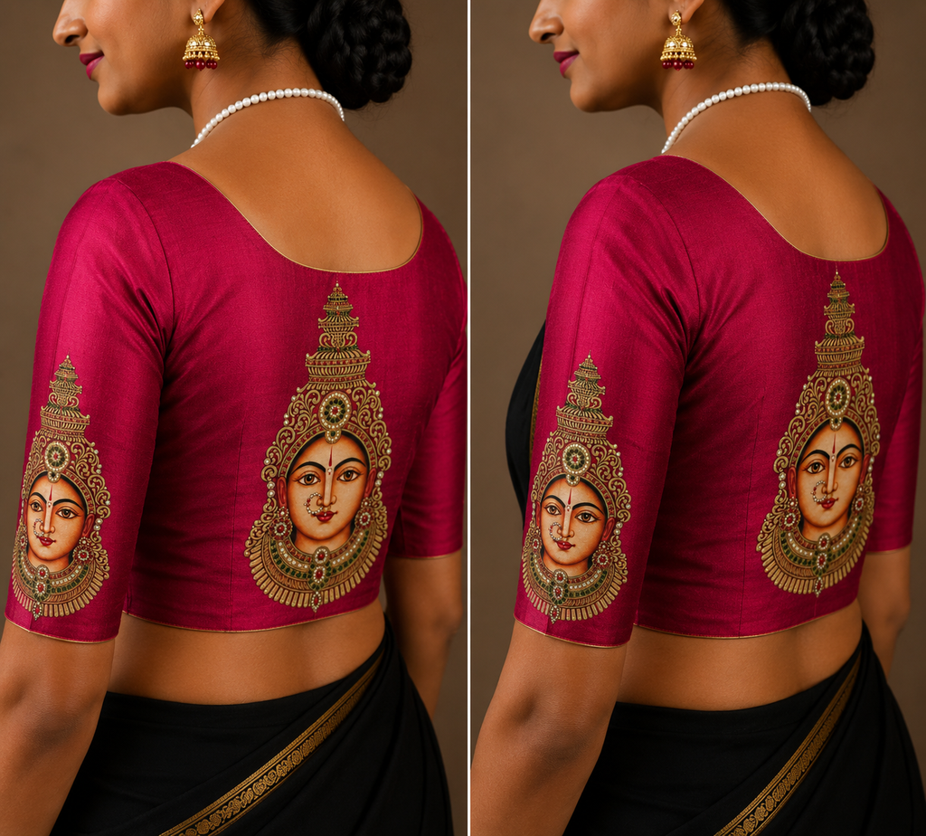 Tanjore Painting Inspired DTF Printed Raw Silk Blouse Fabric – Unstitched
