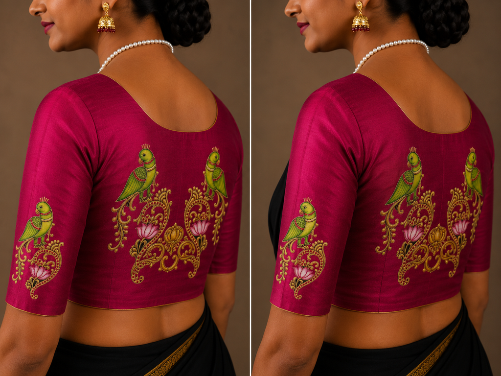 Tanjore Painting Inspired DTF Printed Raw Silk Blouse Fabric – Unstitched