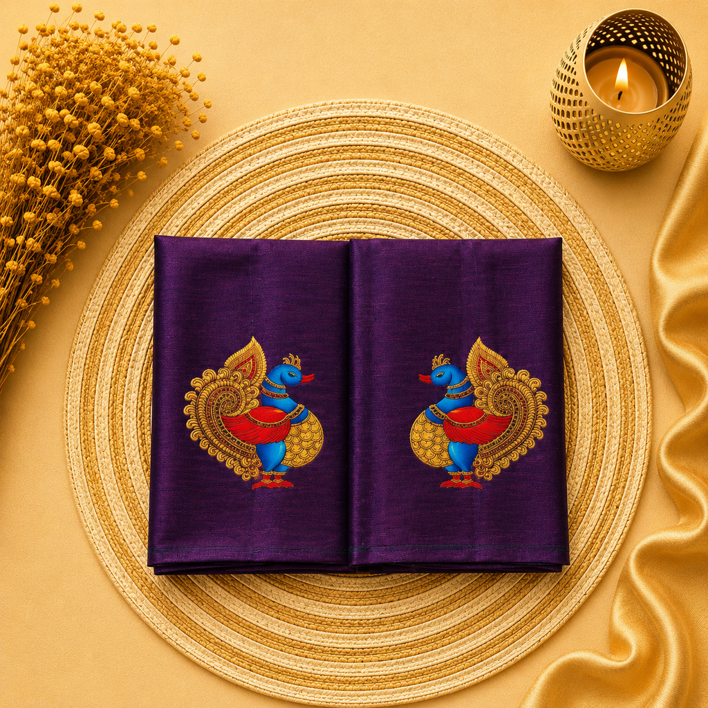 Tanjore Painting Inspired DTF Printed Raw Silk Blouse Fabric – Unstitched