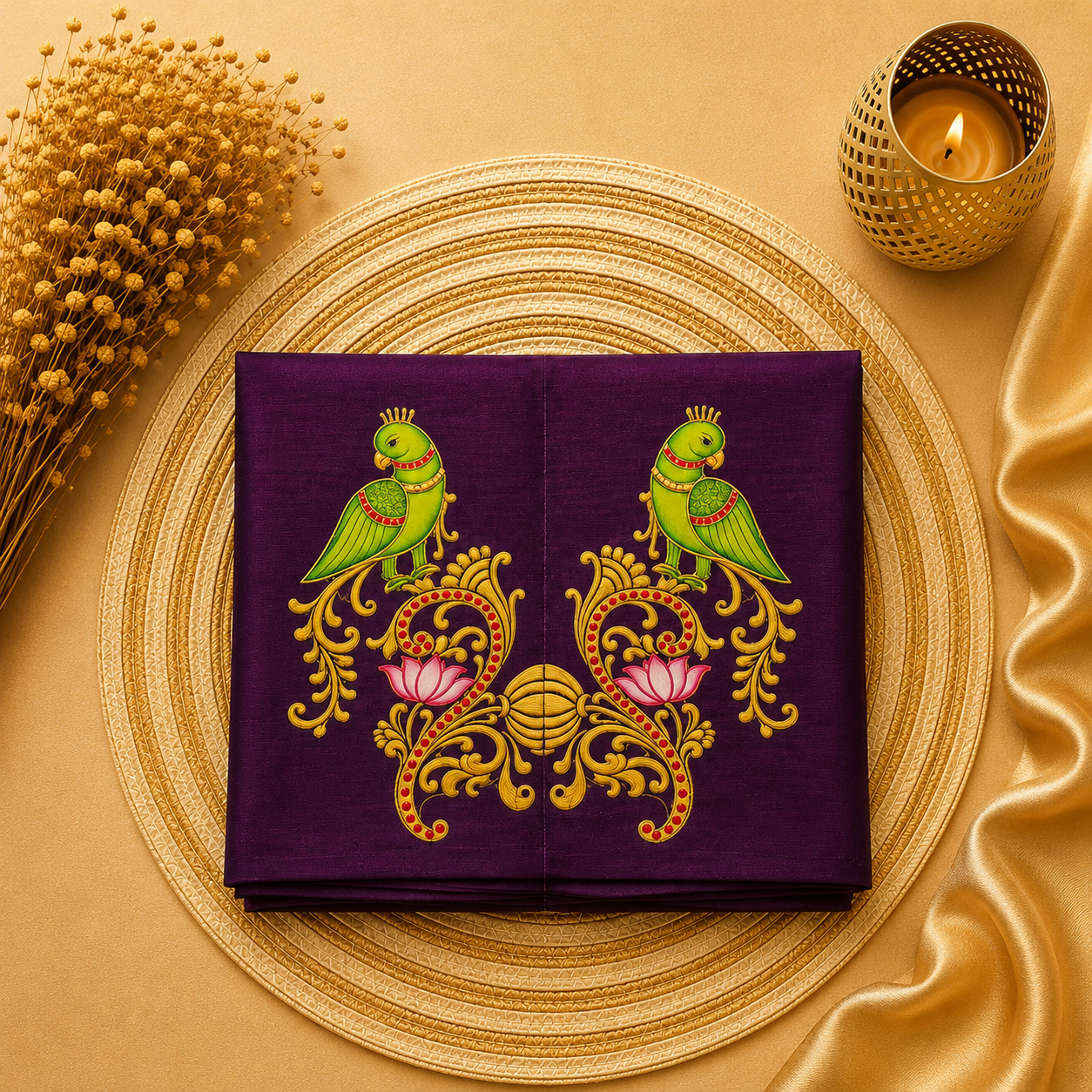 Tanjore Painting Inspired DTF Printed Raw Silk Blouse Fabric – Unstitched