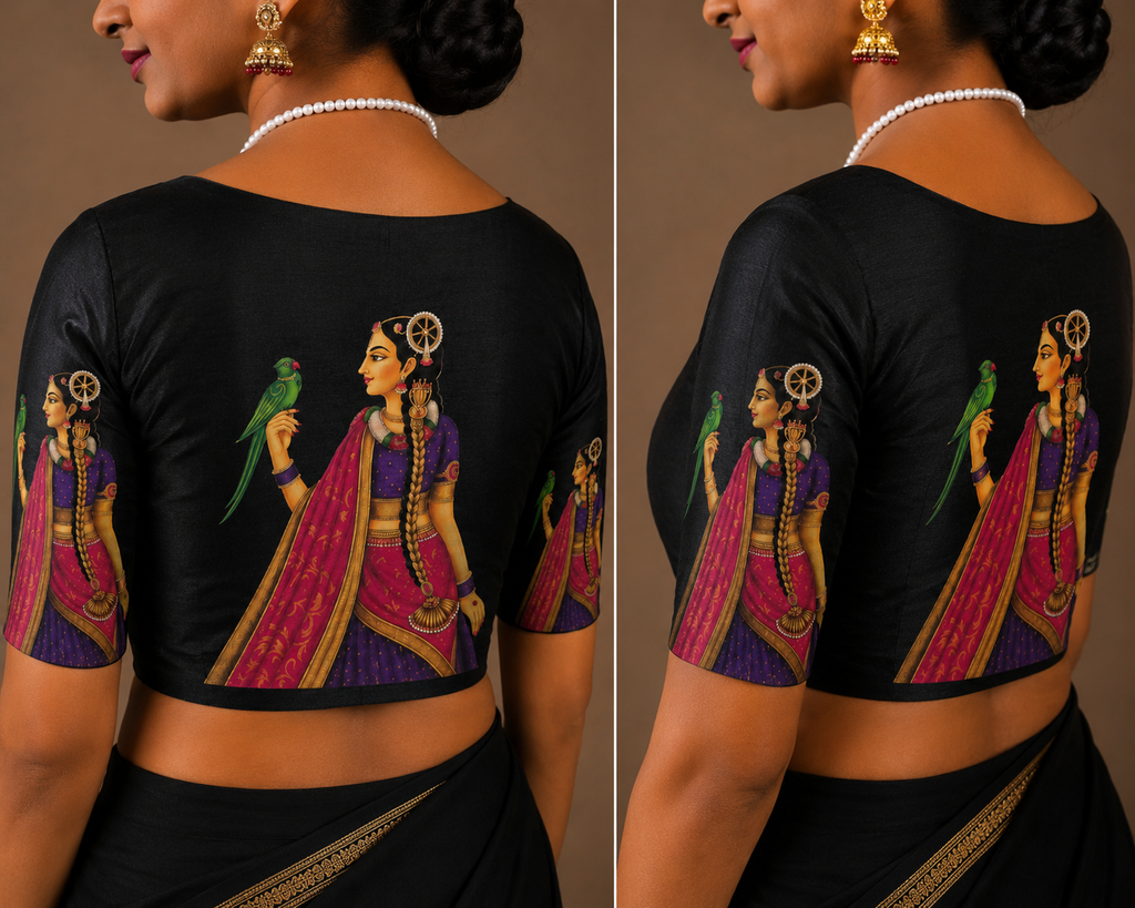 Tanjore Painting Inspired DTF Printed Raw Silk Blouse Fabric – Unstitched