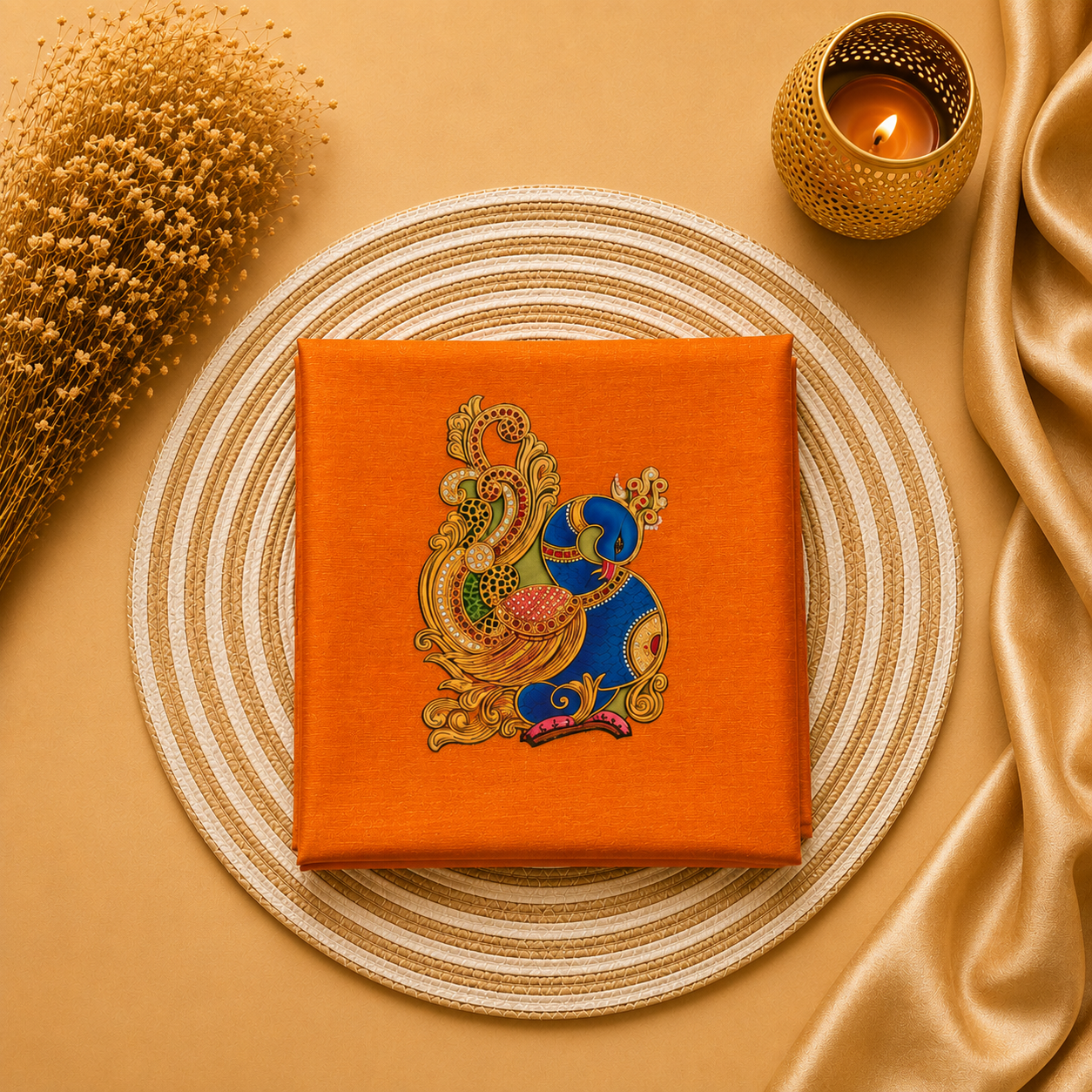Tanjore Painting Inspired DTF Printed Raw Silk Blouse Fabric – Unstitched