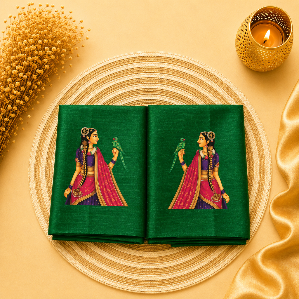 Tanjore Painting Inspired DTF Printed Raw Silk Blouse Fabric – Unstitched