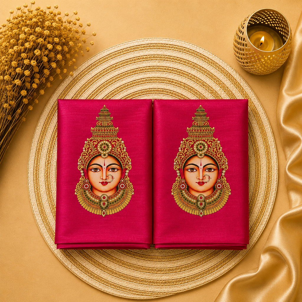 Tanjore Painting Inspired DTF Printed Raw Silk Blouse Fabric – Unstitched