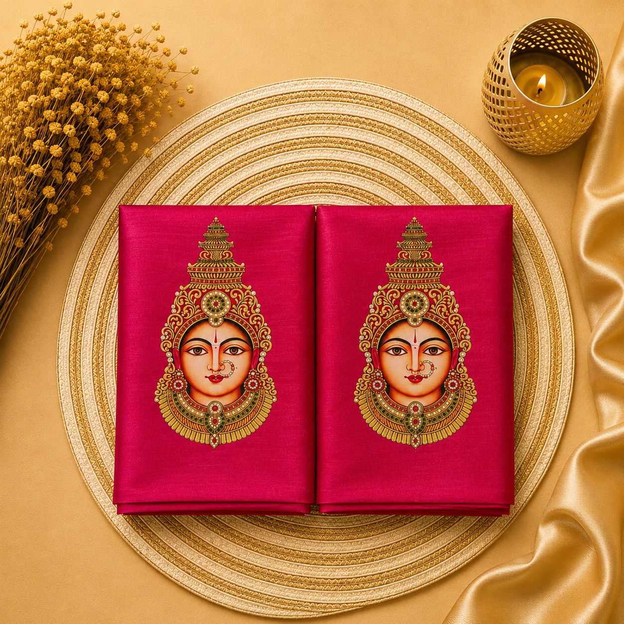 Tanjore Painting Inspired DTF Printed Raw Silk Blouse Fabric – Unstitched