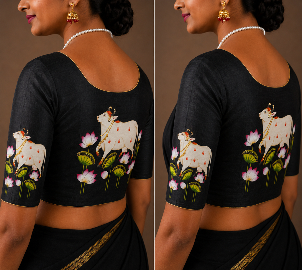 Tanjore Painting Inspired DTF Printed Raw Silk Blouse Fabric – Unstitched