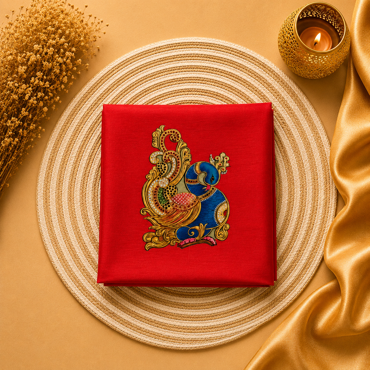 Tanjore Painting Inspired DTF Printed Raw Silk Blouse Fabric – Unstitched